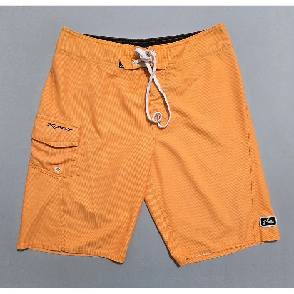 Rusty Board‎ Shorts Mens 30 Orange Pinstripe Cargo Pocket Swim Trunks R14106402